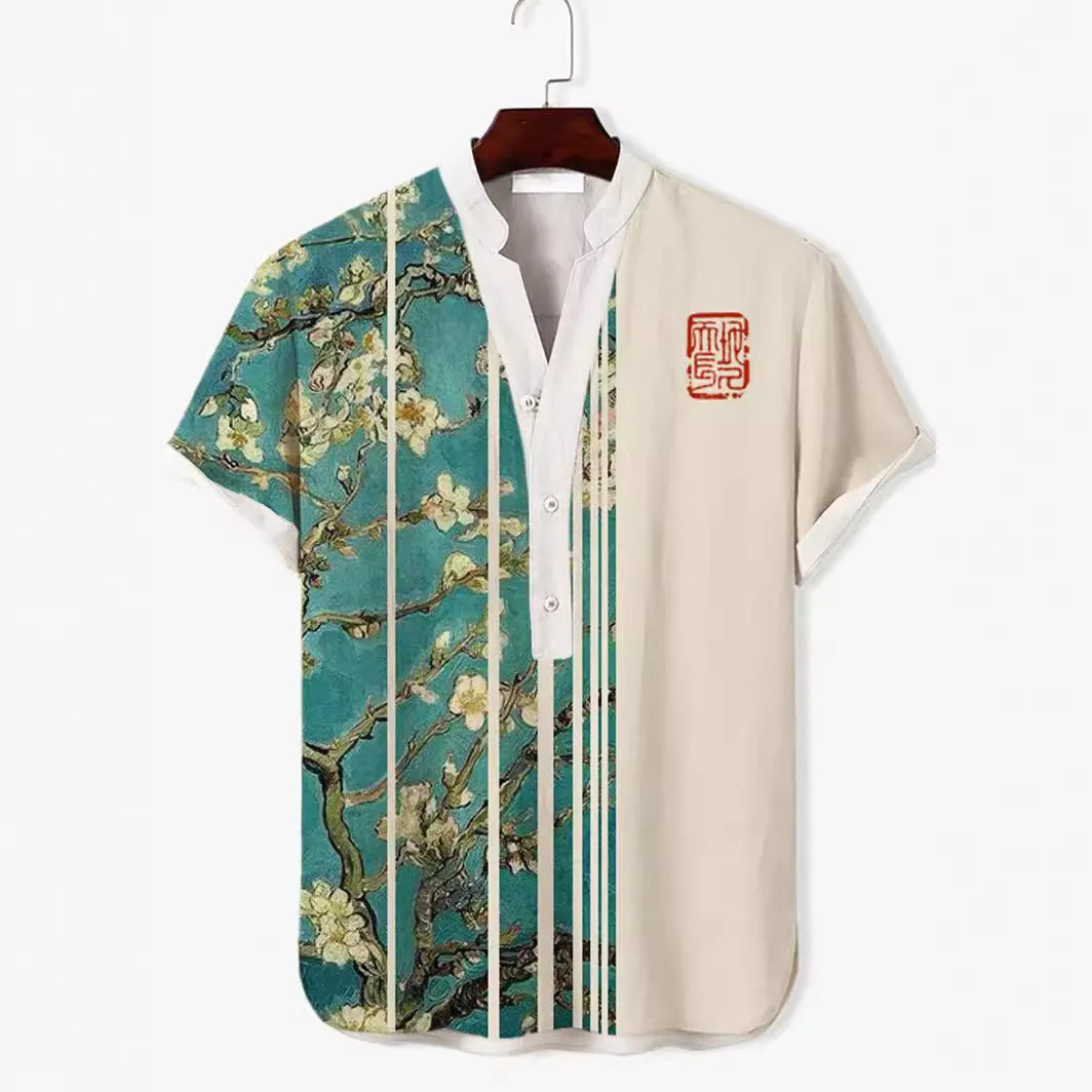 Men's short sleeve shirt featuring a detailed 3D digital animal pattern print on polyester fabric.