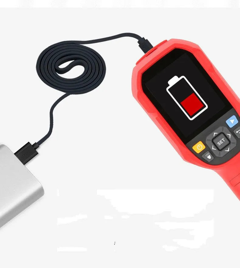 UTi series handheld infrared thermal imager on a workbench with screen displaying a thermal image.