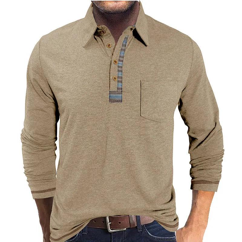 Men's button-down collar long sleeve polo shirt in blue, regular fit, rayon fabric, 210g colour cotton frame