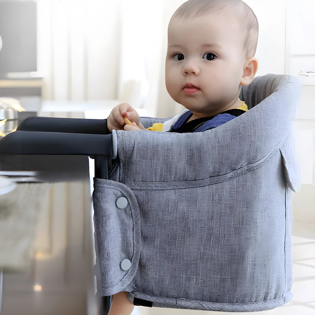 Portable baby high chair dining seat with safety belt folded and unfolded