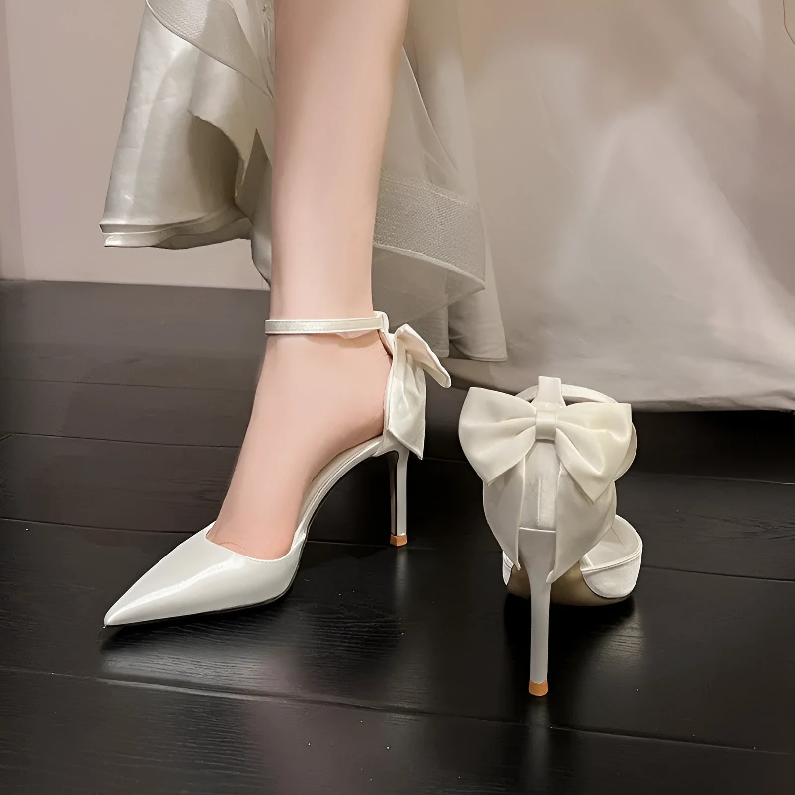Satin white wedding shoes plus size with ankle buckle closure and 7cm heel on white background