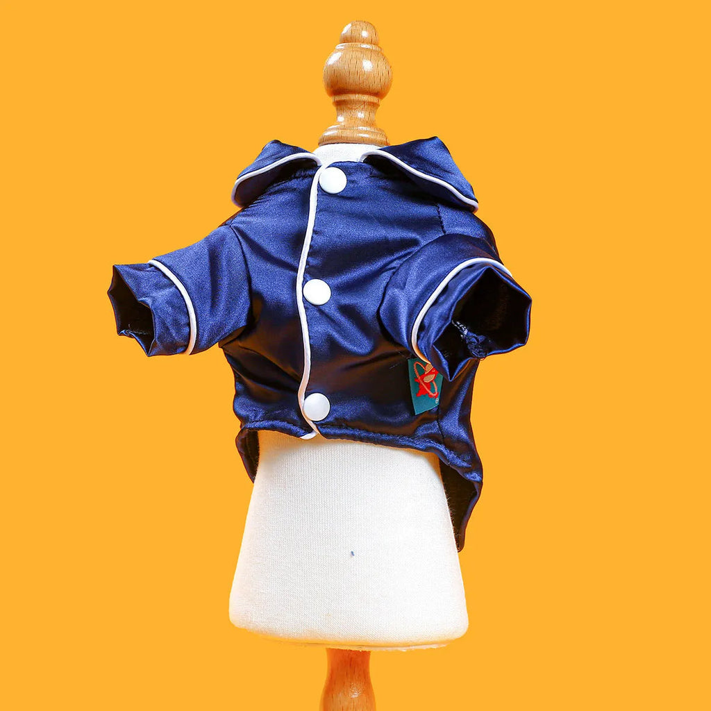 Cotton pet pajamas in princess style for dogs and cats, available in pink and navy blue, sizes XS to XXL