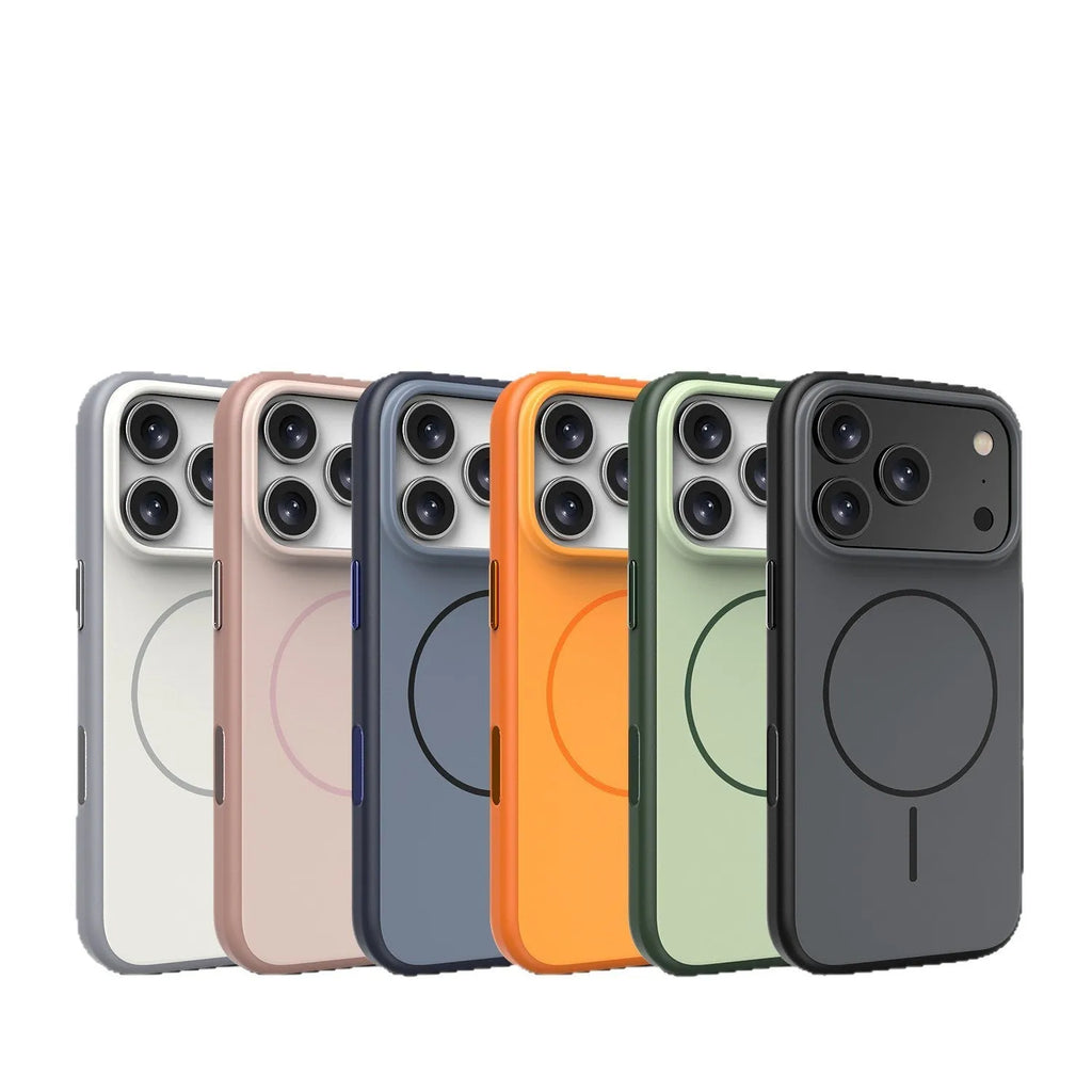 Blue magnetic iPhone 17 phone case with a dedicated AI camera button and frosted finish.