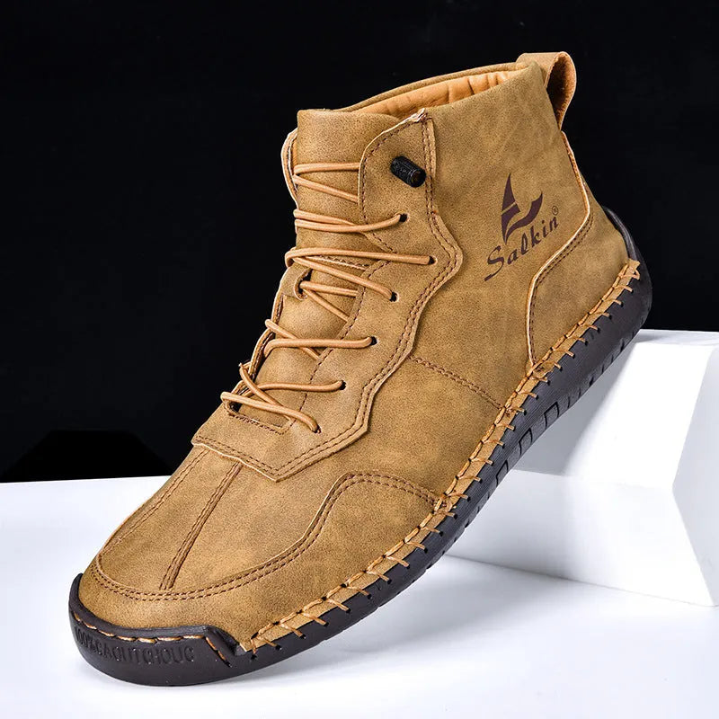 Mid-calf high-top casual boots with round toe and elastic band in artificial PU material