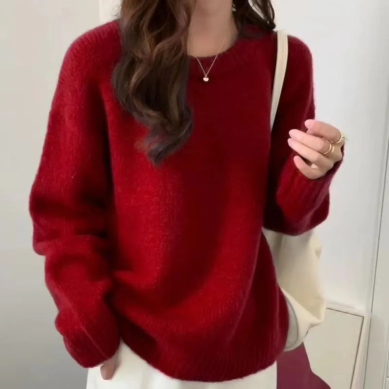 Candy colour pullover slimming sweater in rose red, free size, loose fit acrylic spandex top