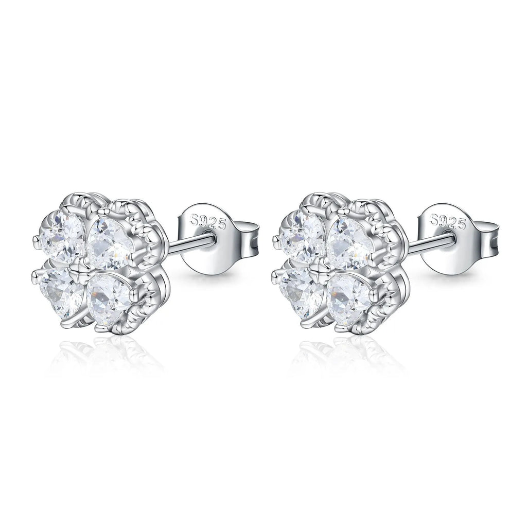925 sterling silver heart-shaped four-leaf clover earrings with white gold colour and zircon stones.
