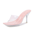 Women's chunky heel backless slippers with PVC upper, fish mouth toe, and stiletto heel, available in multiple colours
