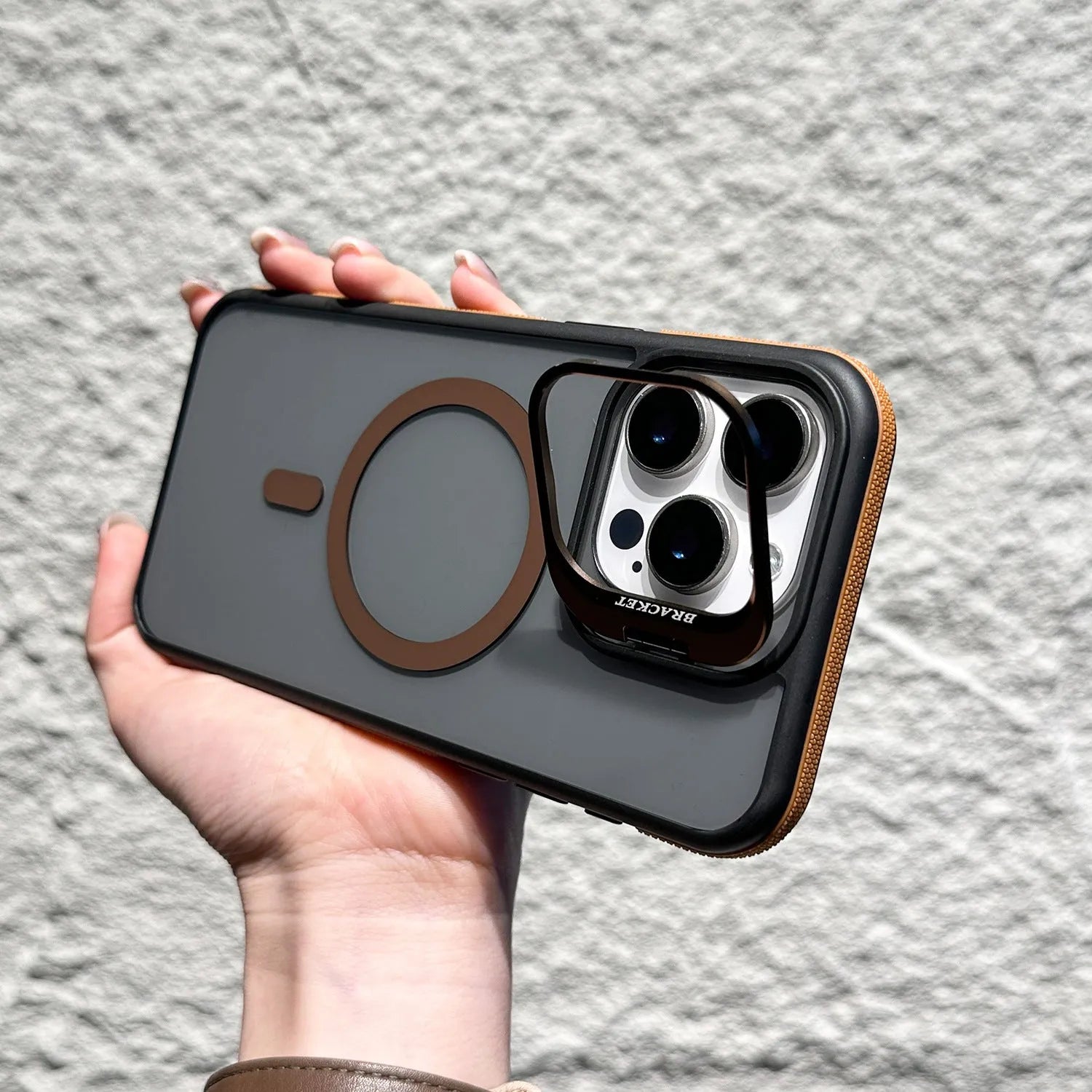 Invisible lens bracket magnetic phone case for iPhone in RW Black colour, showing TPU PC two-in-one design with integrated bracket