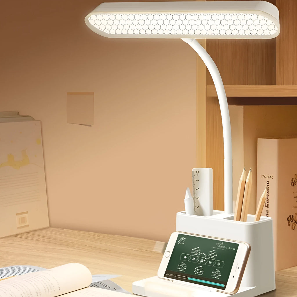 USB desk lamp with 26 LED beads, five-speed dimming, Type-C charging, modern simplicity plastic shade