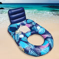 Inflatable white luminous floating bed with backrest on pool water, showing light feature and 140cm size.