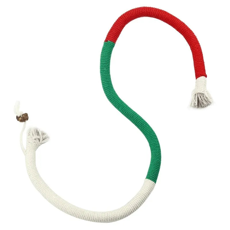 Cat bite rope toy in full orange colour made of cotton thread with attached teaser stick