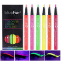 Set of six 1.5ml fluorescent liquid eyeliners in assorted colours including black, brown, purple, and watermelon red.