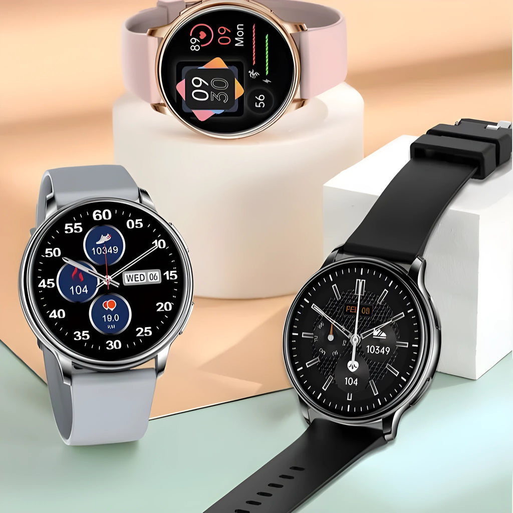 Smart watch with health monitoring displaying heart rate on TFT screen, colour option shown
