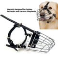 Black metal basket dog muzzle designed for Golden Retrievers and German Shepherds.