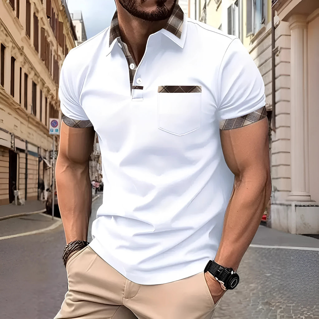 Men's loose fit colourblock plaid T-shirt with short sleeves and zipper decoration details