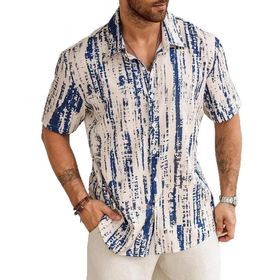 Man wearing a striped 3D printed short sleeve casual shirt in apricot colour.