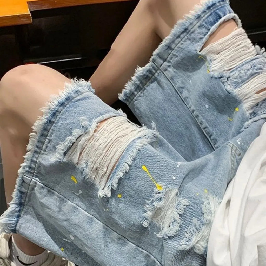 Men's black water washed hole denim shorts with loose street style fit