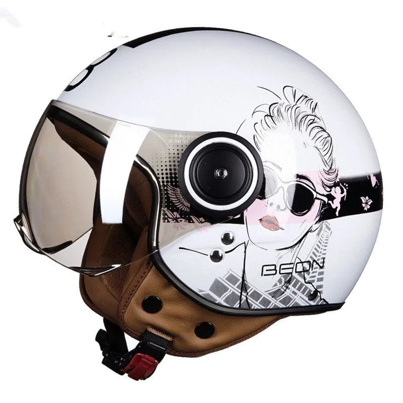 Retro-style half helmet for battery cars in bright blue and red colour combination showing ABS construction