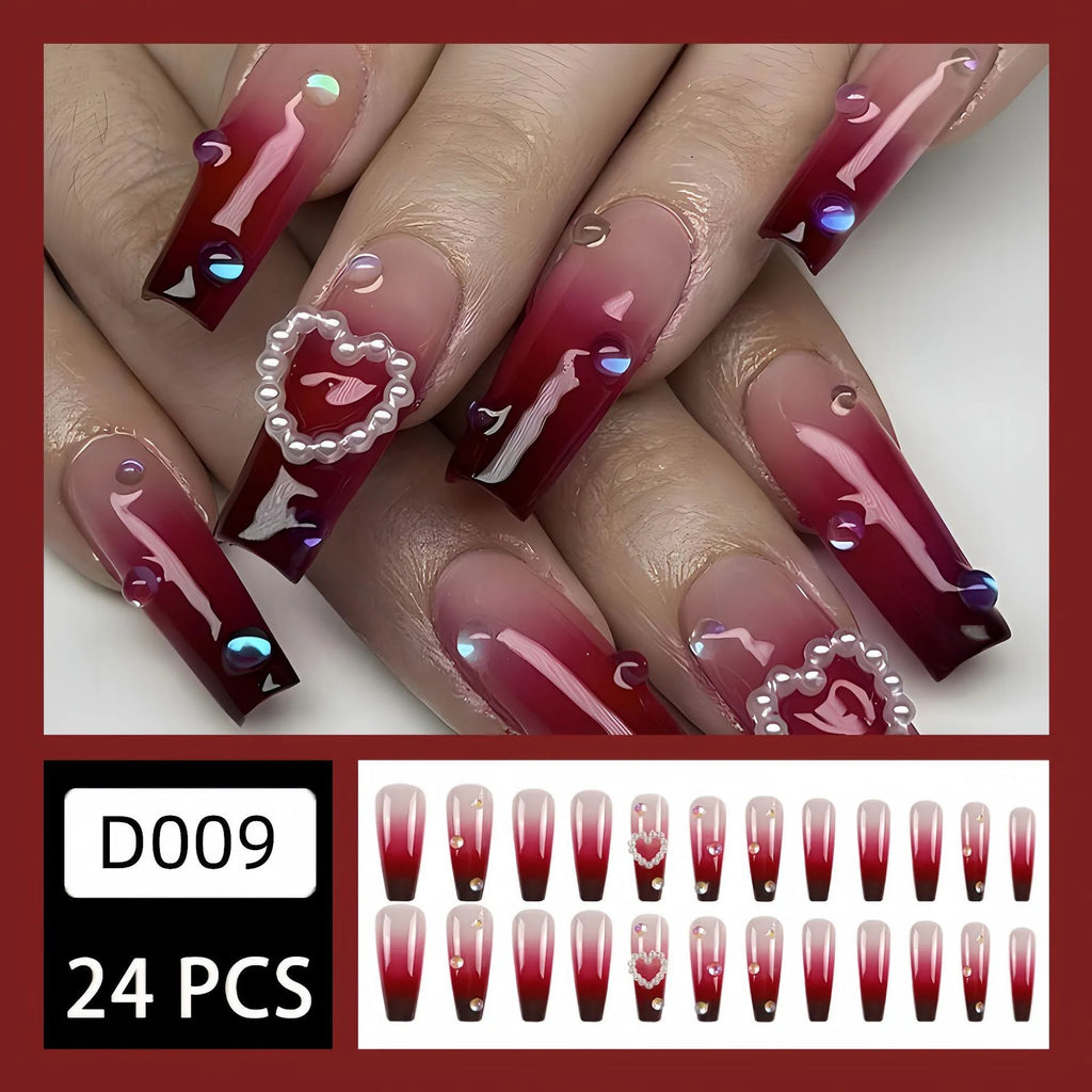 Wine red gradient plaid artificial nail tips with heart and pearl decorative elements in long ballet style