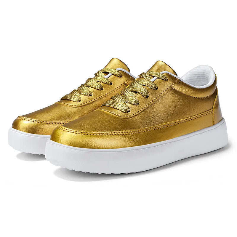 Women's flat casual leather shoes in gold, silver, or white with lace-up front.