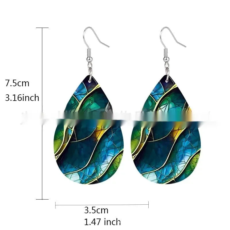 Acrylic flat branch knot drop earrings with printed design in drop shape for unisex wear