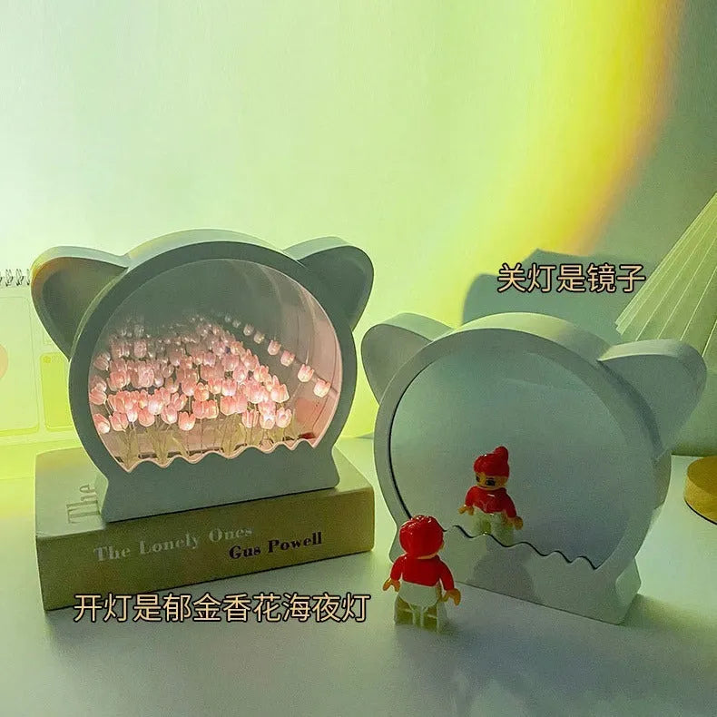 DIY cat head-shaped night lamp covered with handmade tulip flowers in various colours