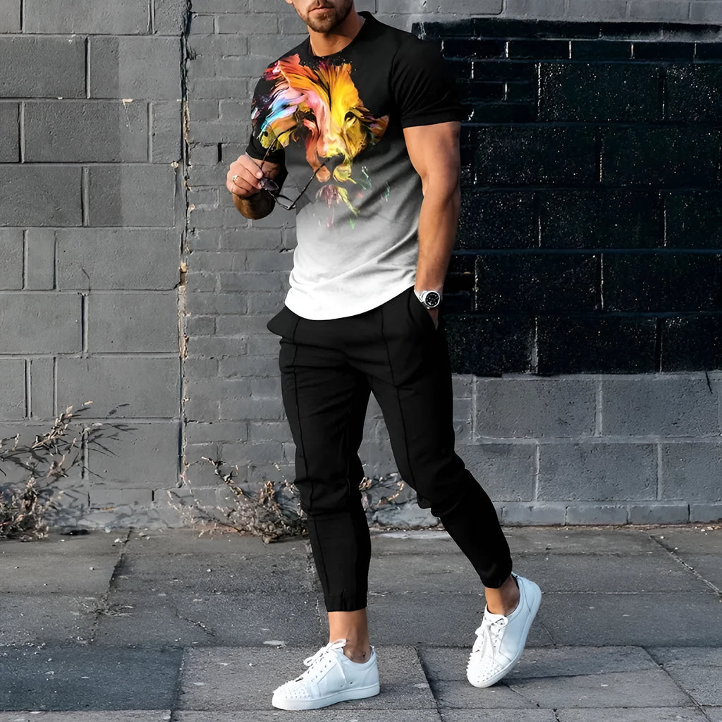 Man wearing a short-sleeved printed polyester tracksuit set for sports.
