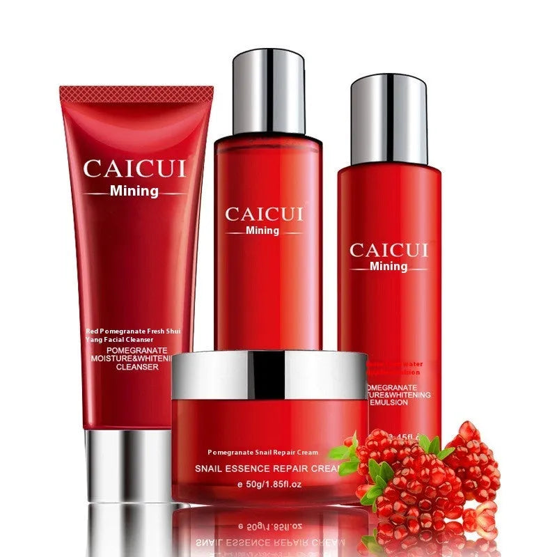 Pomegranate skincare set with four products: cleanser, toner, lotion and facial cream