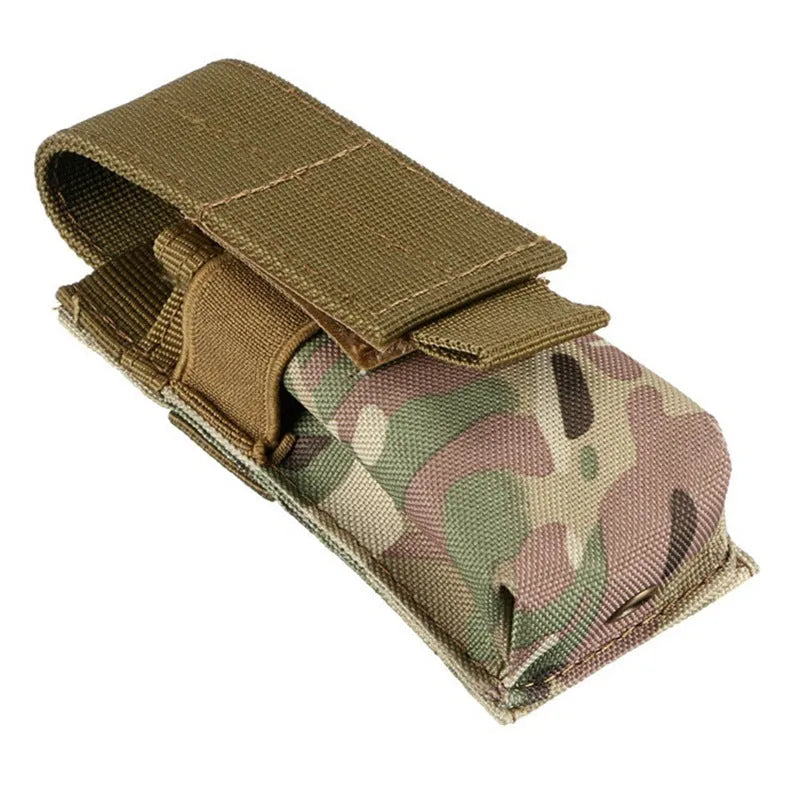 Black Molle tactical waist bag with elastic cord buckle, shown with dimensions 14cm x 5.5cm x 4cm.