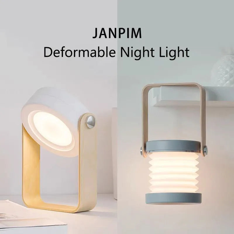 Foldable touch dimmable LED night light in white showing table lamp and lantern positions