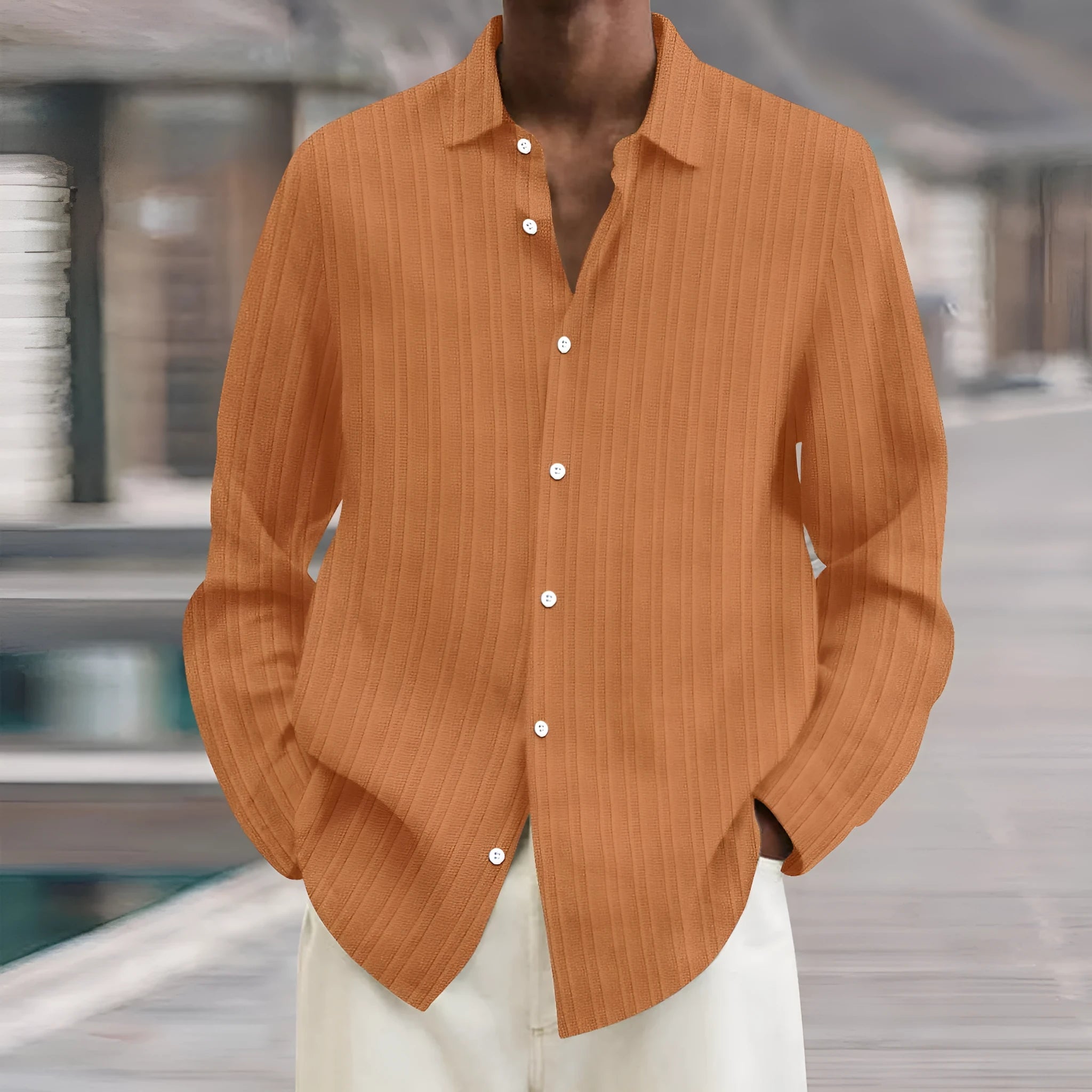 Men's striped British style cardigan shirt with long sleeves in polyester blend fabric