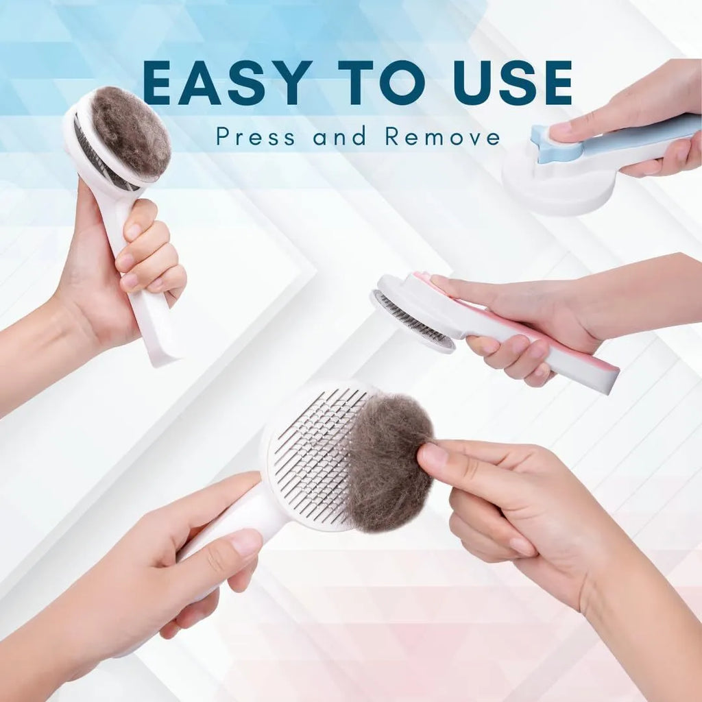 Blue grey pink self-cleaning pet grooming brush with ergonomic rubber handle.