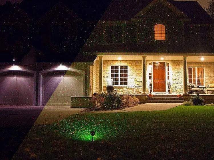 Gypsophila USB laser light Christmas lawn lamp with IP44 waterproof housing, showing red and green laser projection on garden grass at night