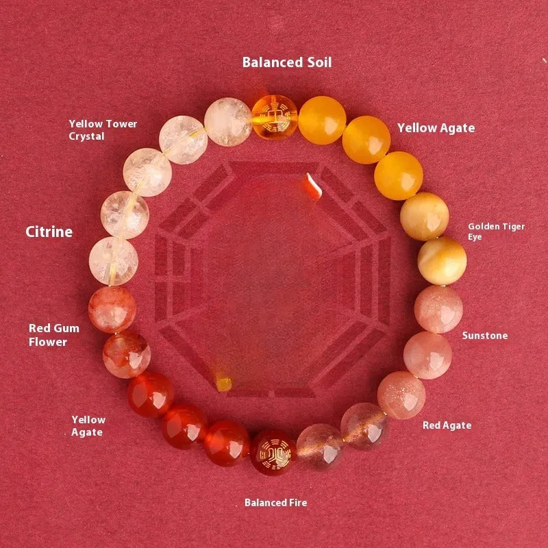 Natural crystal bracelet with Chinese five elements complementary design in Earth Gold colour, 8mm beads on white background