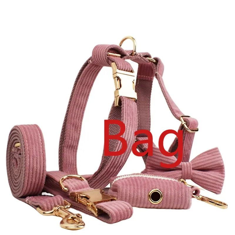 Corduroy dog collar and matching accessories including leash, vest, bow tie, and poop bag holder