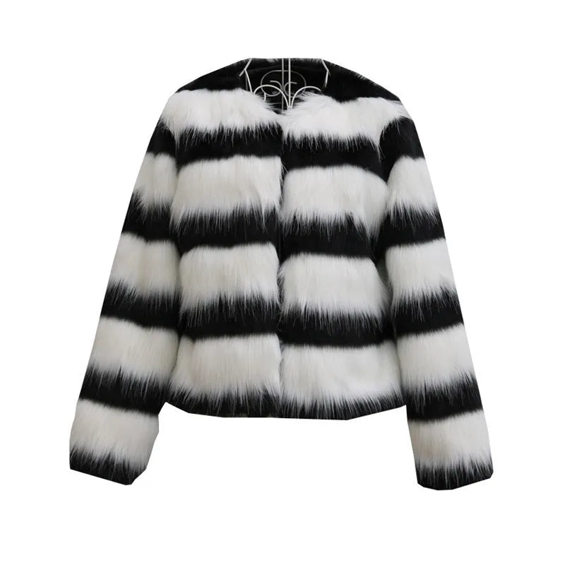 Black and white striped faux fur long-sleeved leather jacket for women