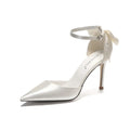 Satin white wedding shoes plus size with ankle buckle closure and 7cm heel on white background