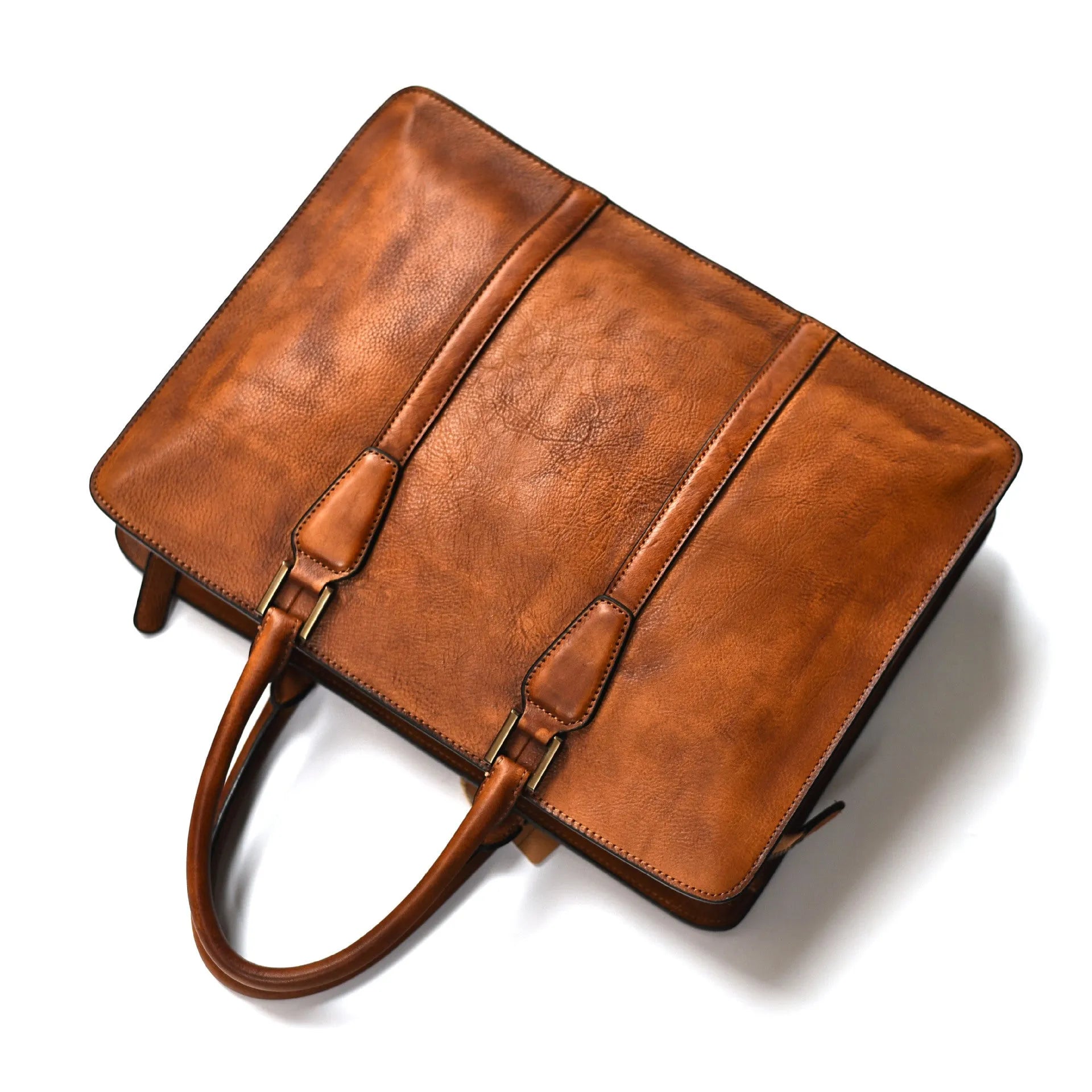 Men's brown leather horizontal business handbag with zipper closure showing retro design