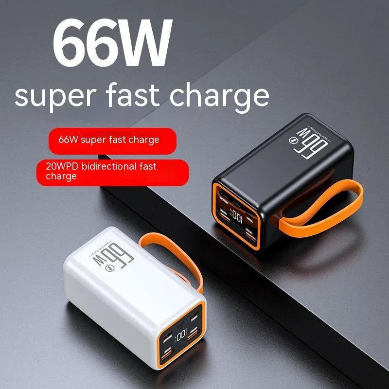 Black and white PD66W 20000mAh fast charge power bank showing front view and size.