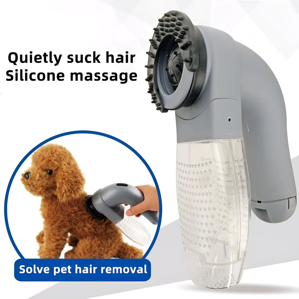 Grey portable electric pet hair remover vacuum with soft rubber grooming head for dogs and cats.