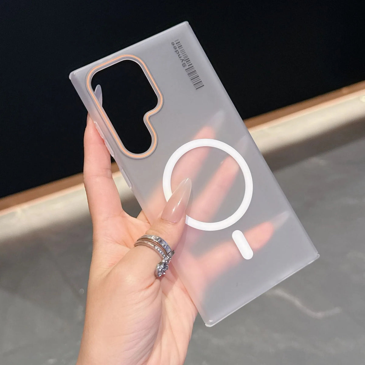 Samsung magnetic phone case in grey with ultra-thin frosted PC shell and soft yarn finish, shown from the back.