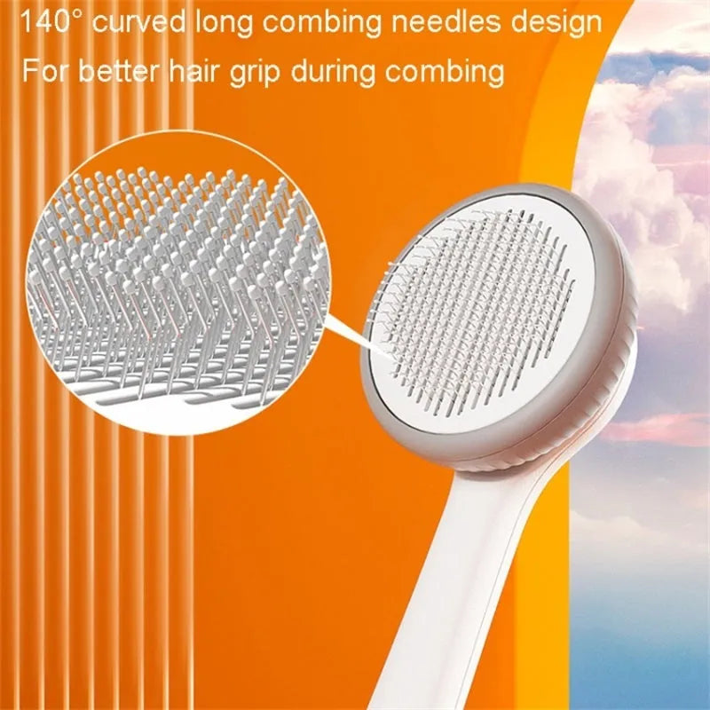 Blue and white dual-sided pet grooming brush for cats and dogs with self-cleaning feature.