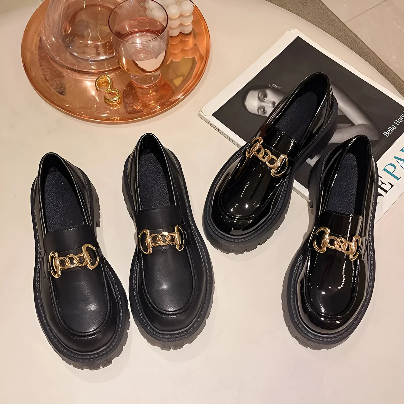 British retro round toe flat heel shoes in black glossy with PU upper