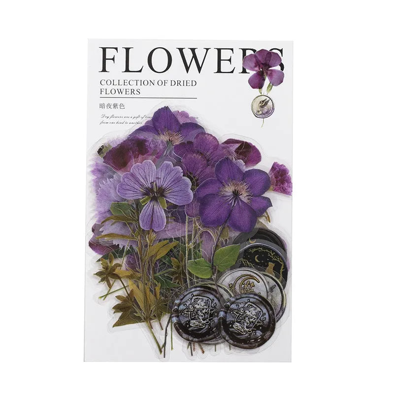 Square dried flower and fire paint design journal stickers in eight colour styles including purple, blue, orange, and pink.