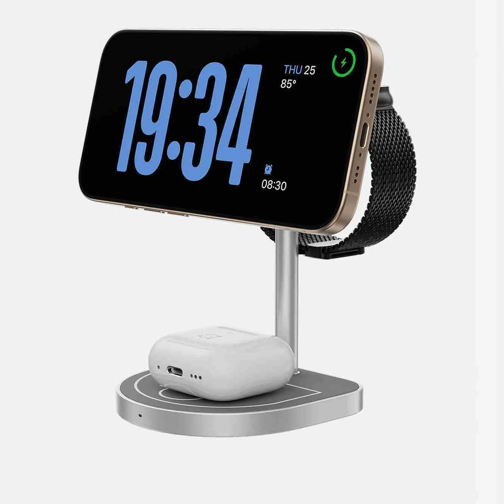 Three-in-one basketball magnetic wireless charger with aluminium alloy body in black, red blue, and silver grey for iPhone, Apple Watch, and AirPods