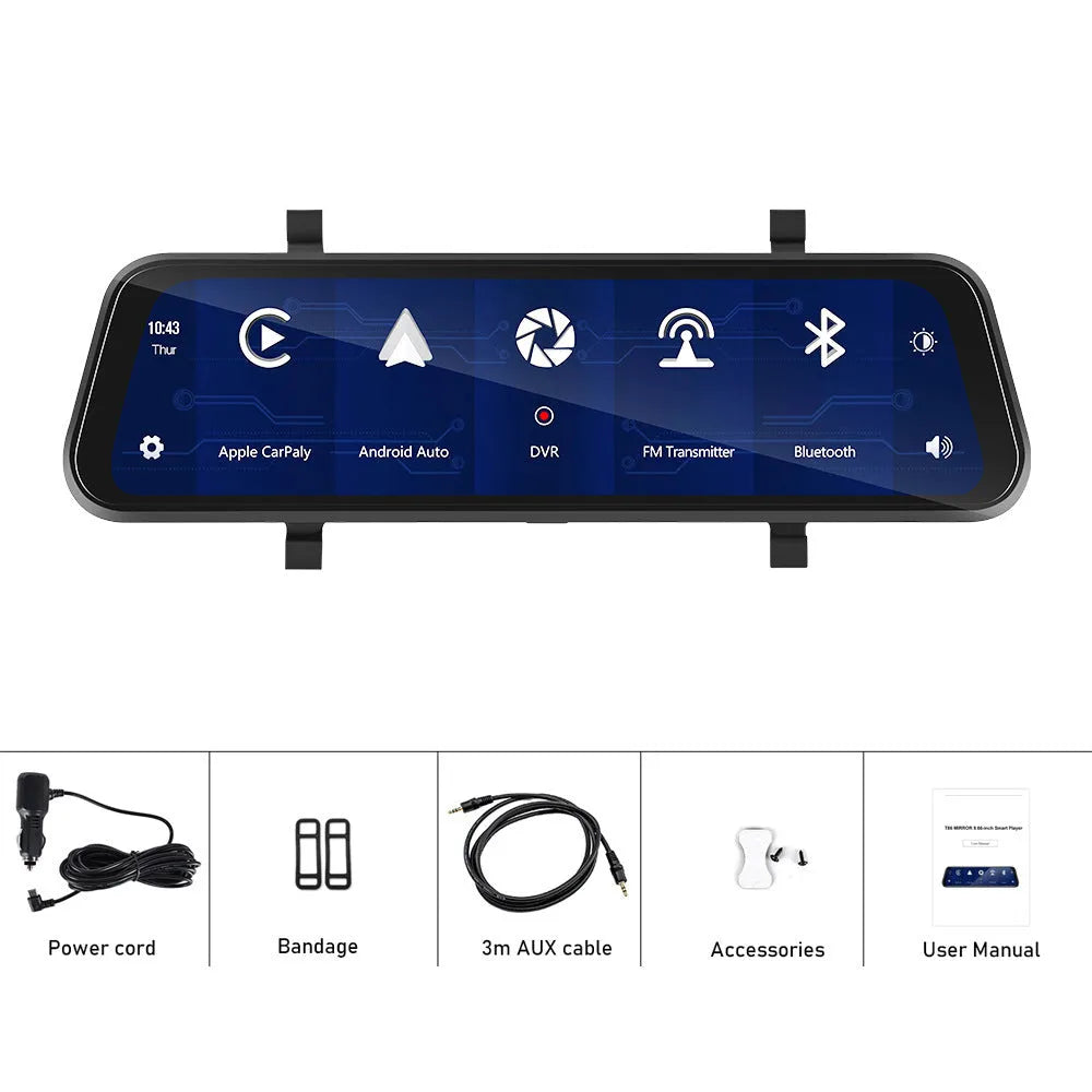9.66 inch HD 1280x320 touch screen car driving recorder with CarPlay Android Auto and two-way video recording function