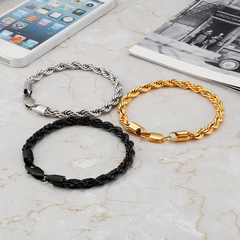 Double colour twist chain bracelet in titanium steel with electroplated finish, available in black, gold, silver
