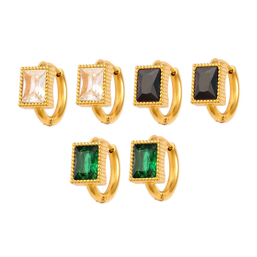 Geometric stainless steel earrings with a square zircon, available in white, black and green.