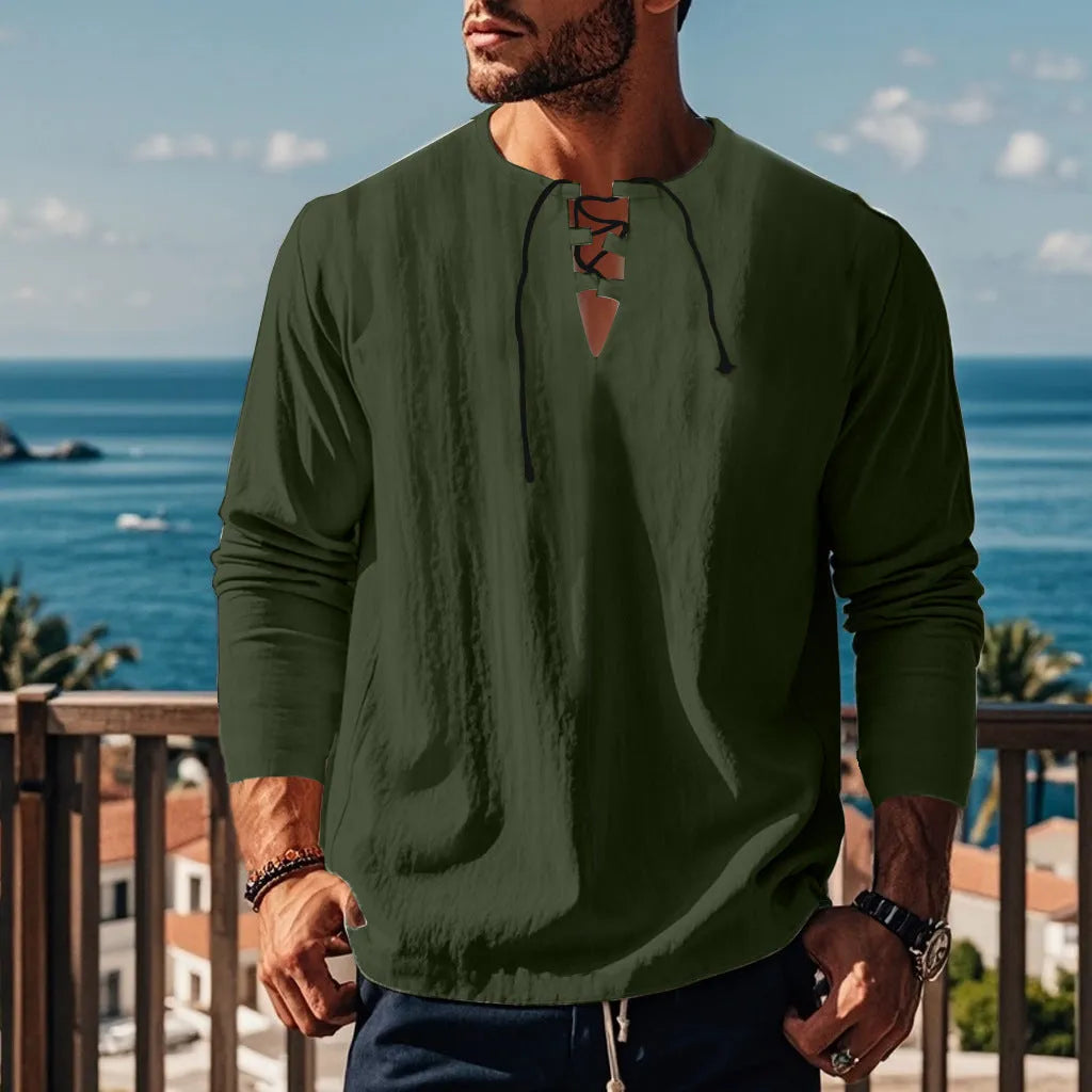 Men's solid colour cotton linen loose fit shirt with ruffle details on a hanger.