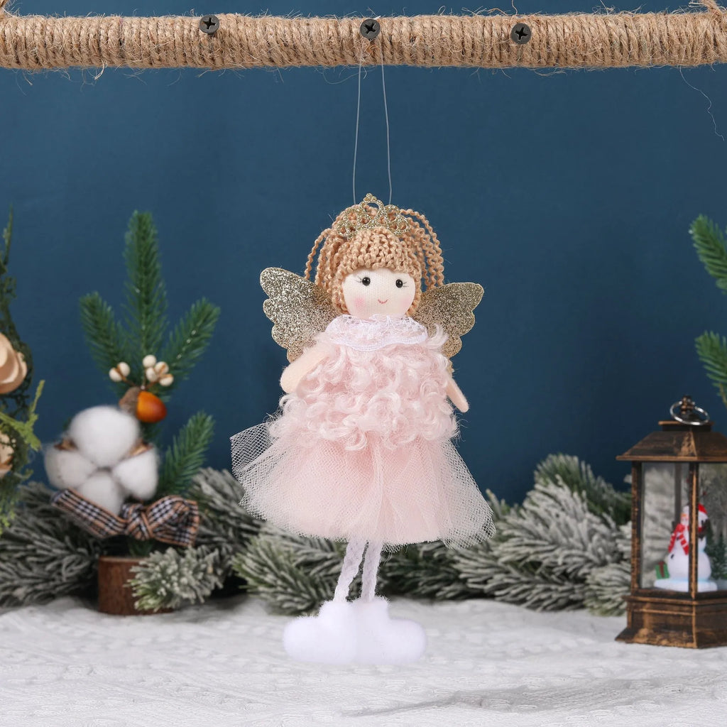 Cartoon-style Christmas angel fabric hair pendant on a girl's high ponytail.